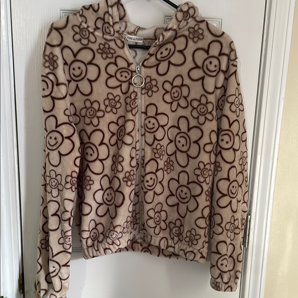 Floral Fleece Hoodie - Beige